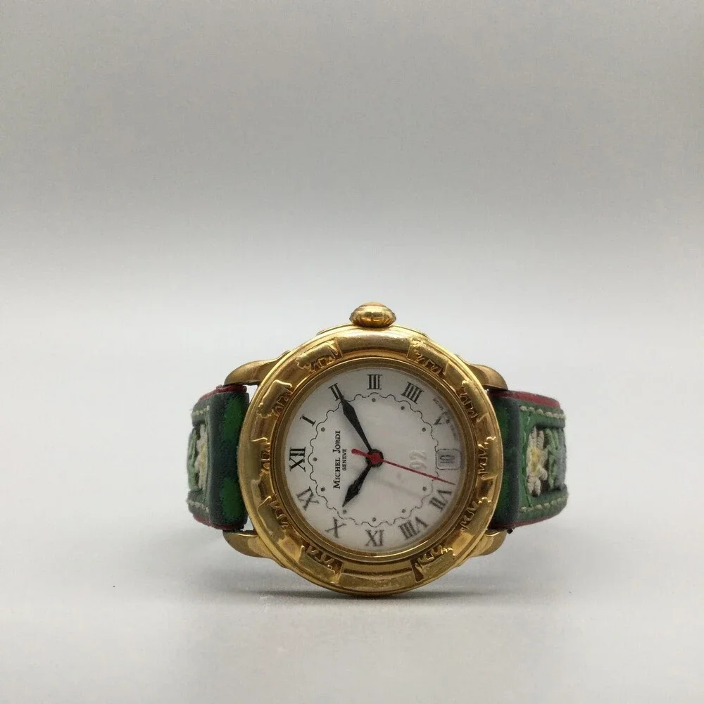 Michel Jordi 1991 Womens Watch 33mm Gold Tone Green Floral Strap New Battery